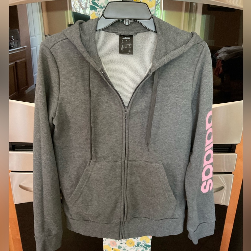 Adidas Ladies Zippered Hoodie, Grey with Pink, pocket, size medium, EUC
